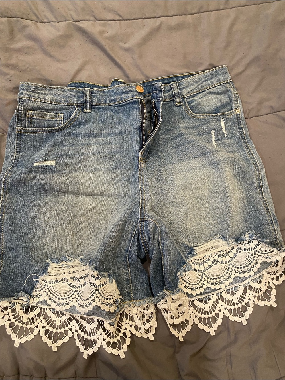 loralette Distressed Denim Shorts with White Lace Trim